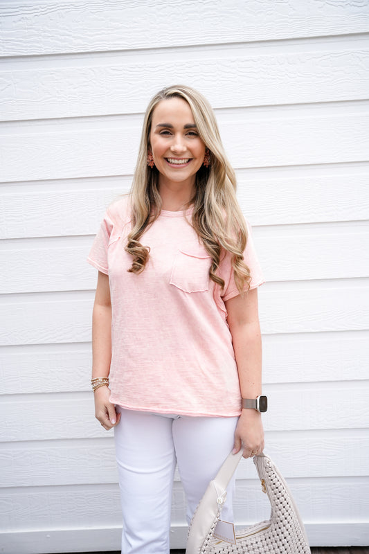 Blush Raw Edge Pocket Tee - Southern Belle Boutique