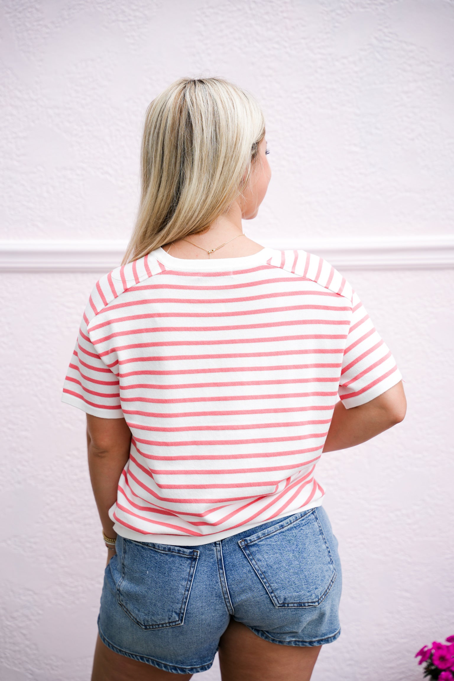 Ivory Coral Striped VNeck Sweater - Southern Belle Boutique
