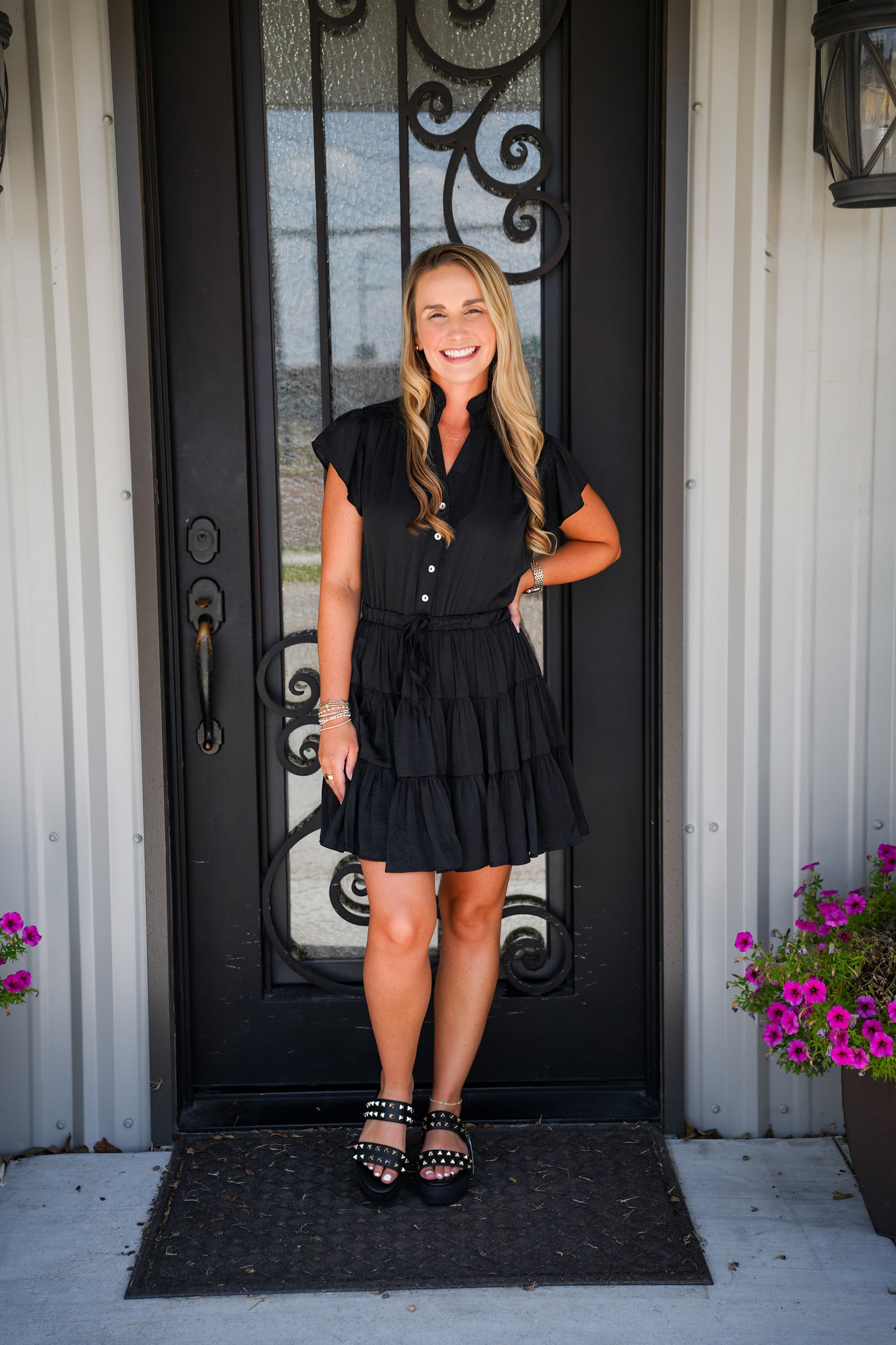 Black Button Down Tiered Mini Dress L Black Button Down Tiered Mini Dress L