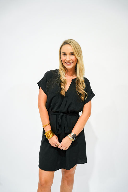 Black Tie Waist Shirt Dress - Southern Belle Boutique