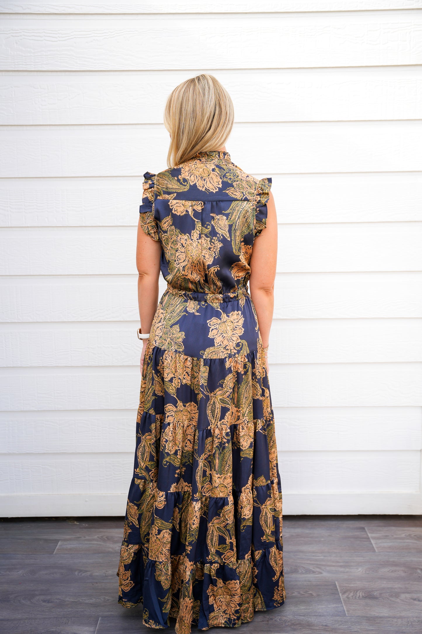 Gold Ink Floral Tiered Maxi Dress