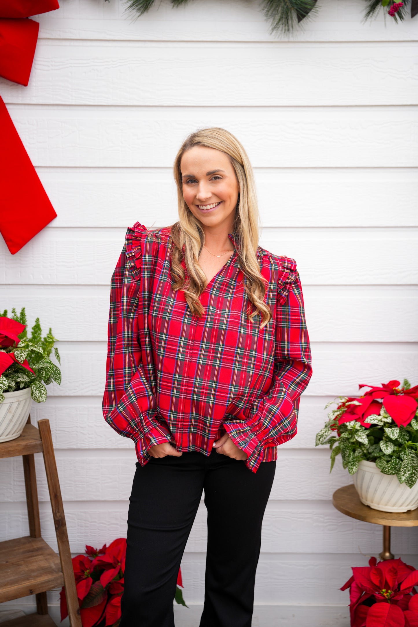 Red Christmas Plaid Smocked Blouse