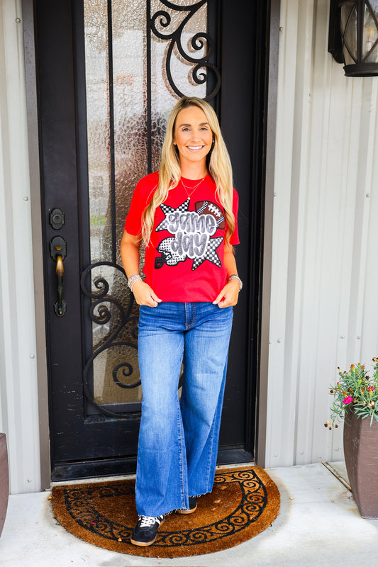 Red Game Day Football & Star Patch Tee - Southern Belle Boutique