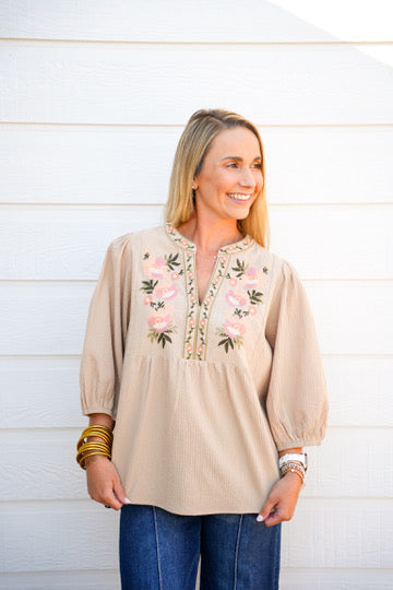 Taupe Embroidered Blouse