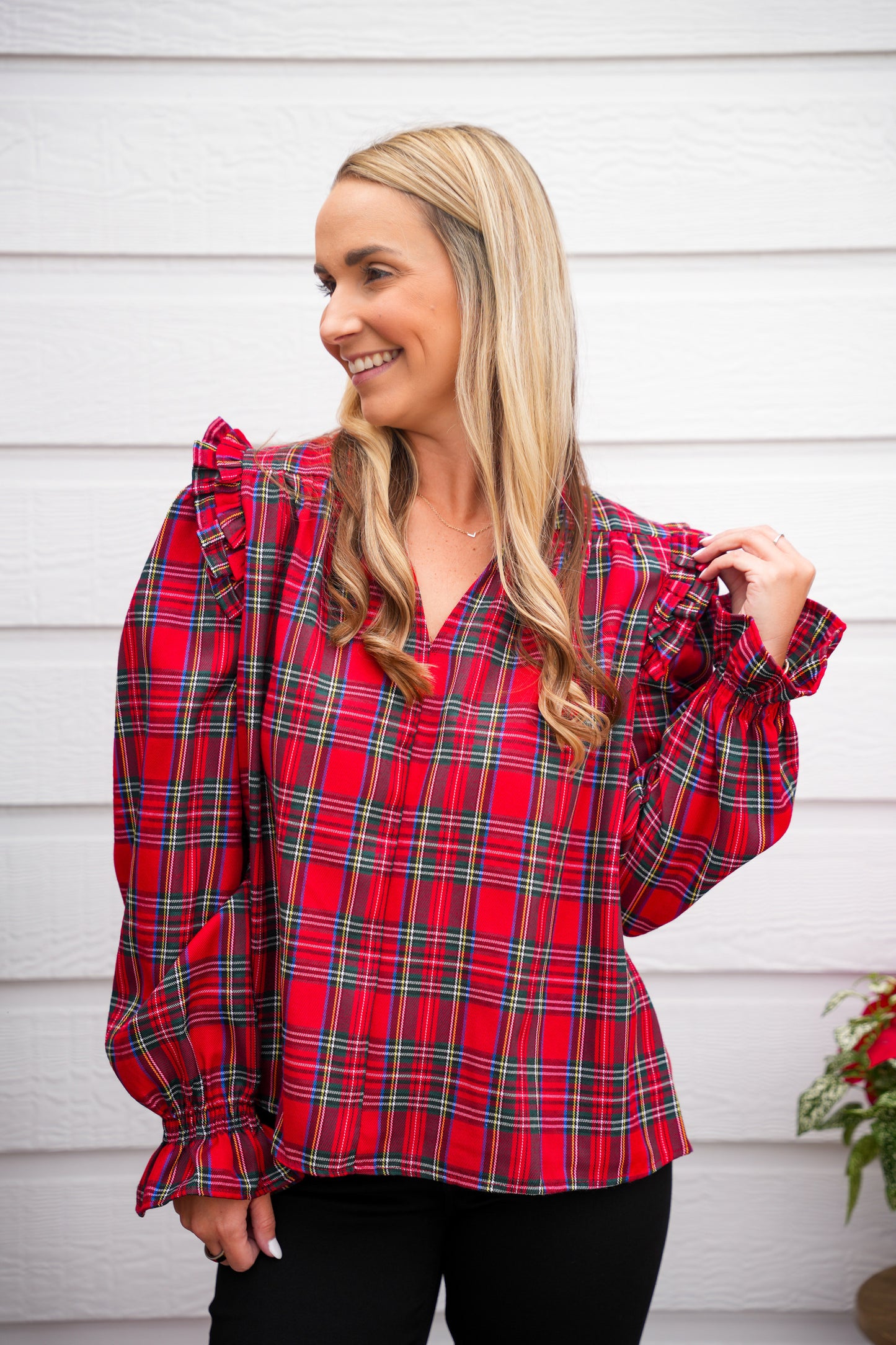 Red Christmas Plaid Smocked Blouse