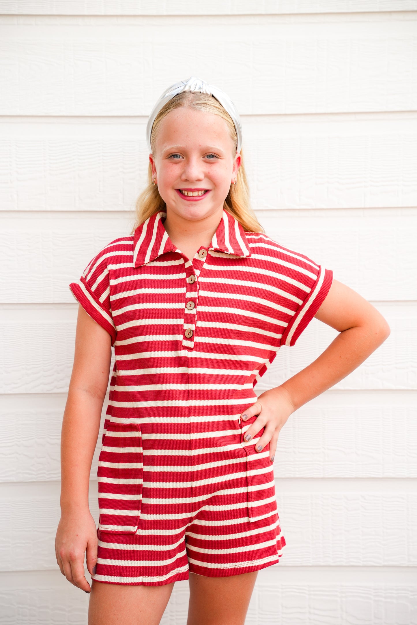 Rust Stripe Short Sleeve Collared Patch Pocket Romper