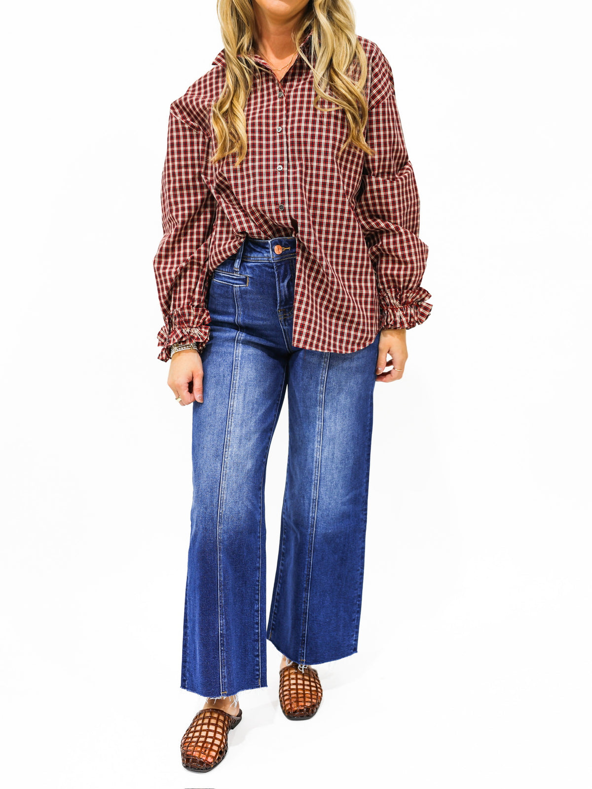 Burgundy Plaid Button Down Top - Southern Belle Boutique