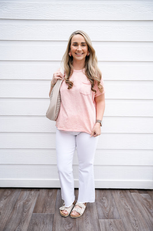 Blush Raw Edge Pocket Tee - Southern Belle Boutique