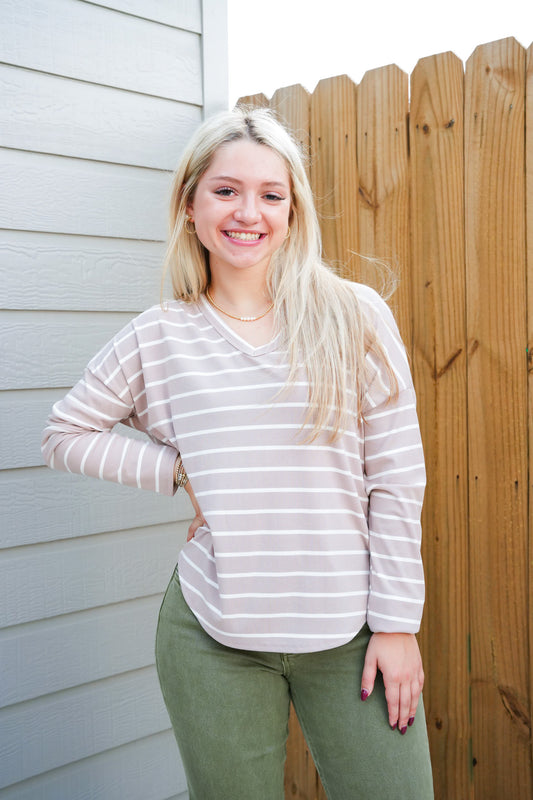 Taupe Striped VNeck Top