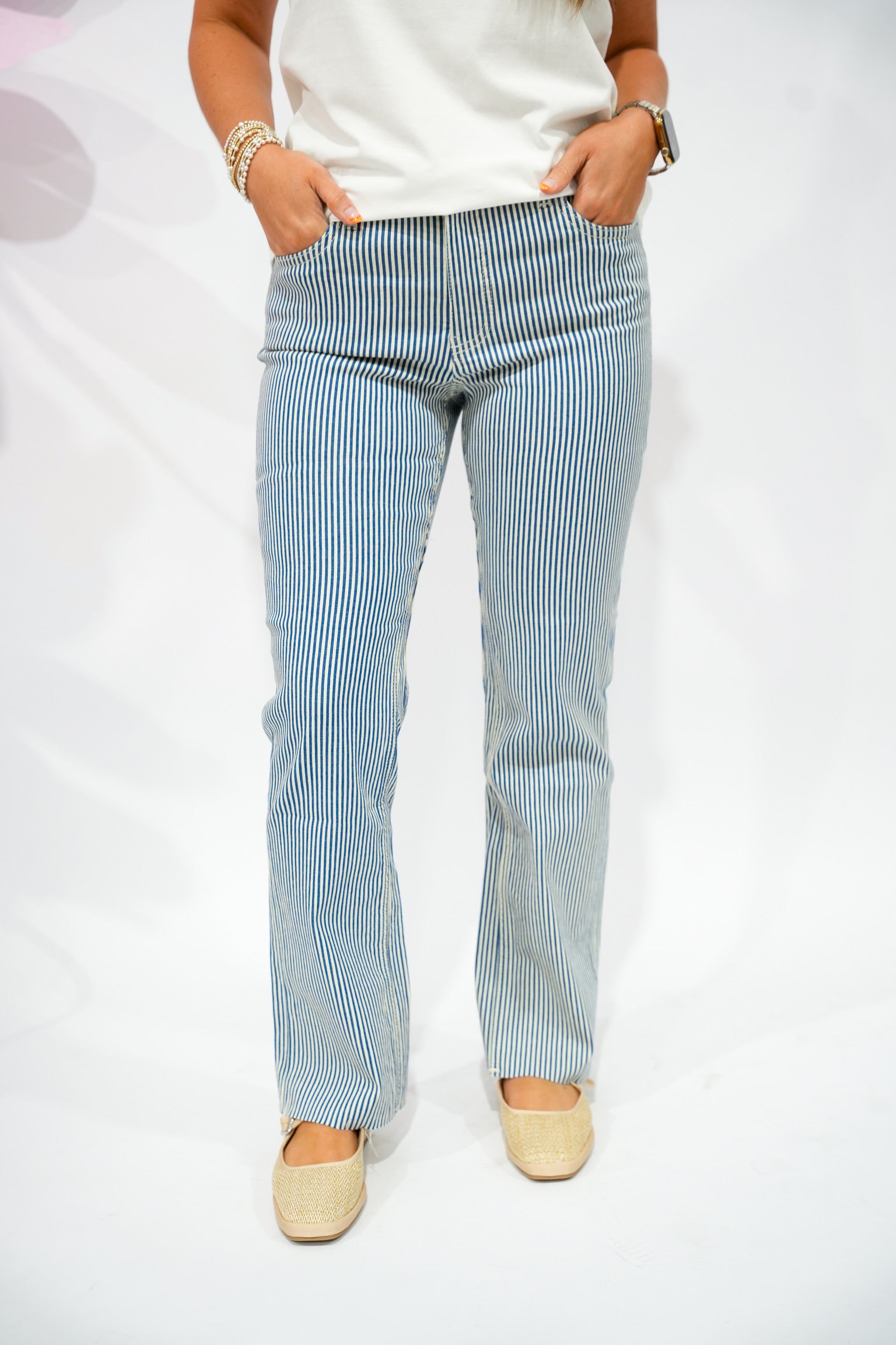 Kelsey High Rise Ankle Flare - Navy/Ivory Striped - Southern Belle Boutique