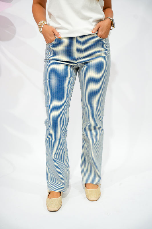 Kelsey High Rise Ankle Flare - Navy/Ivory Striped - Southern Belle Boutique