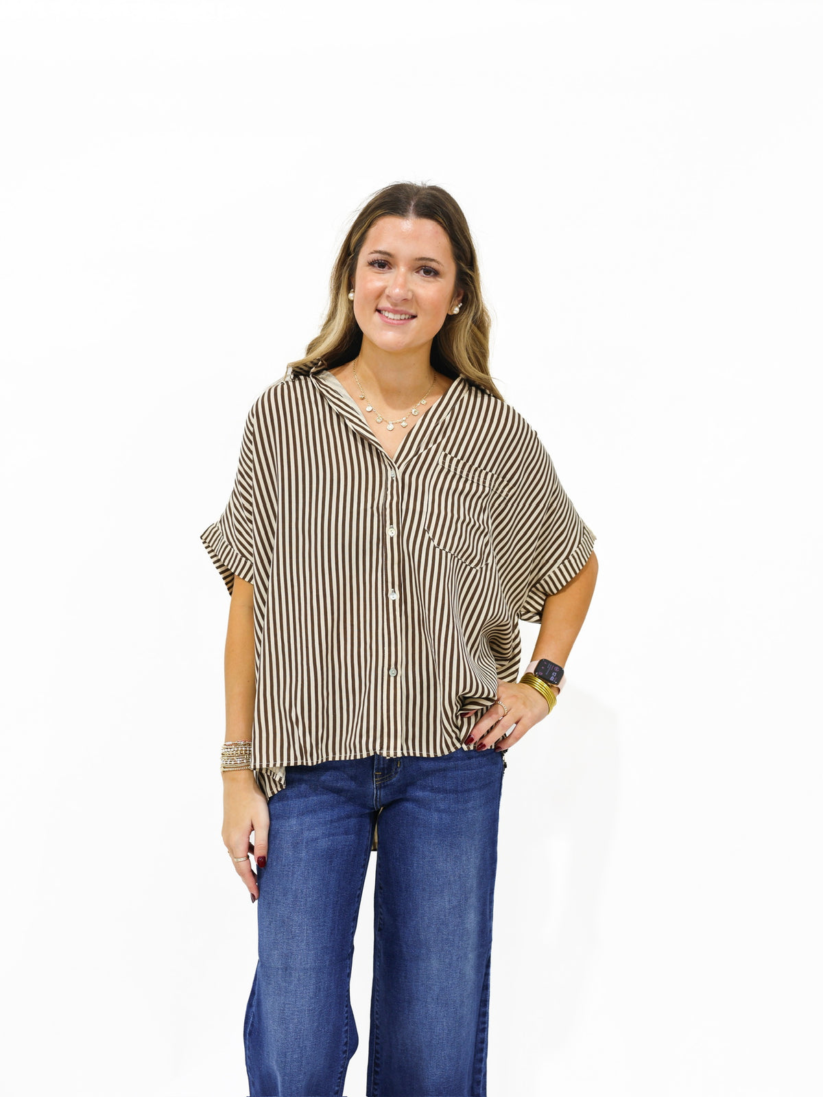 Brown Striped Button Down Shirt - Southern Belle Boutique