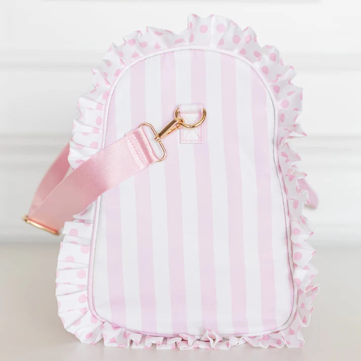 Ruffled Nylon Weekender - Pink Polka Stripe