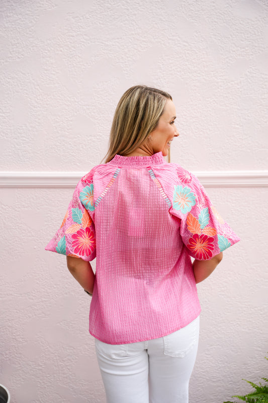 Embroidered Puff Sleeve Textured Top - Pink - Southern Belle Boutique