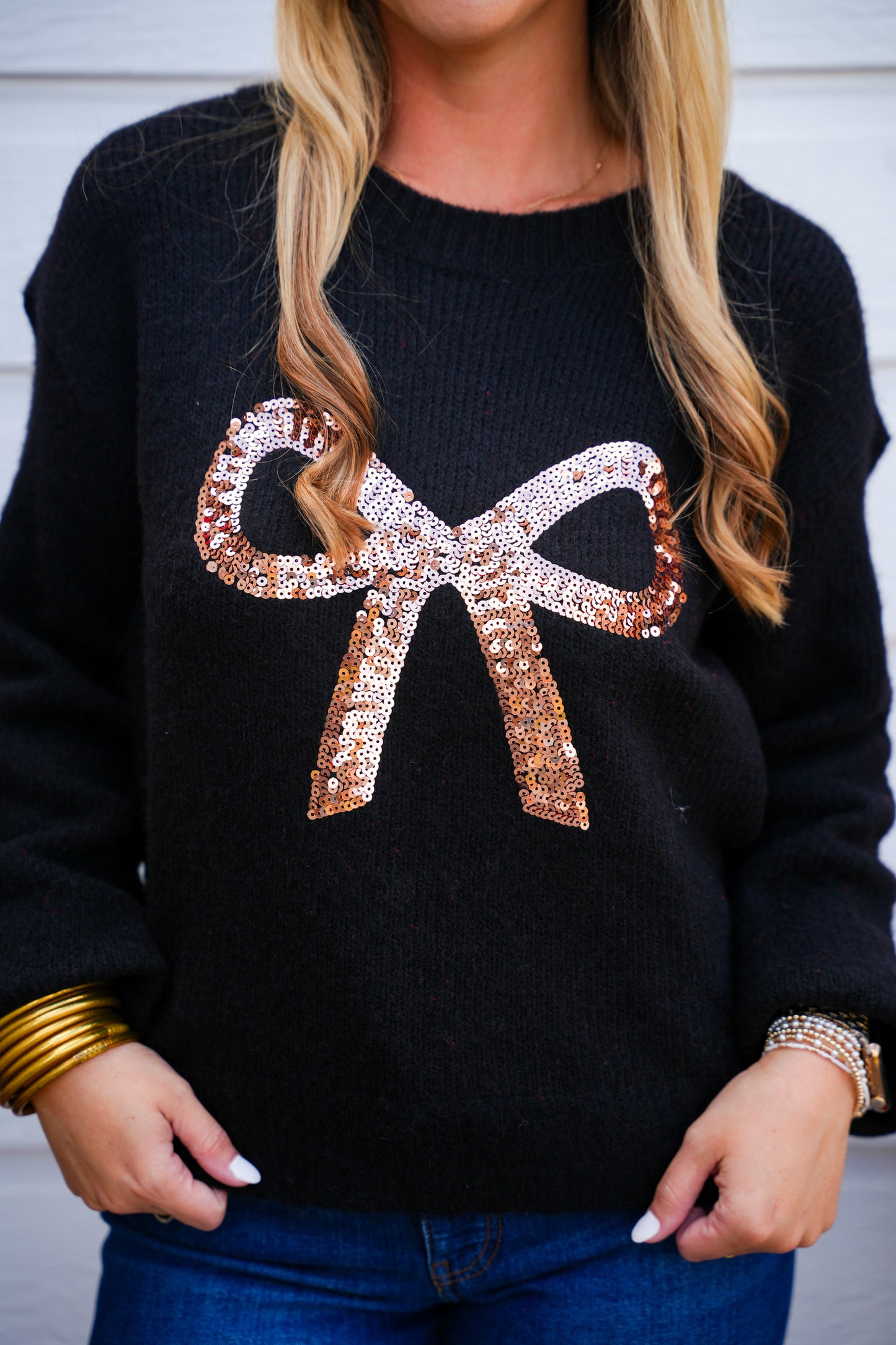 Black Gold Bow Sequin Sweater