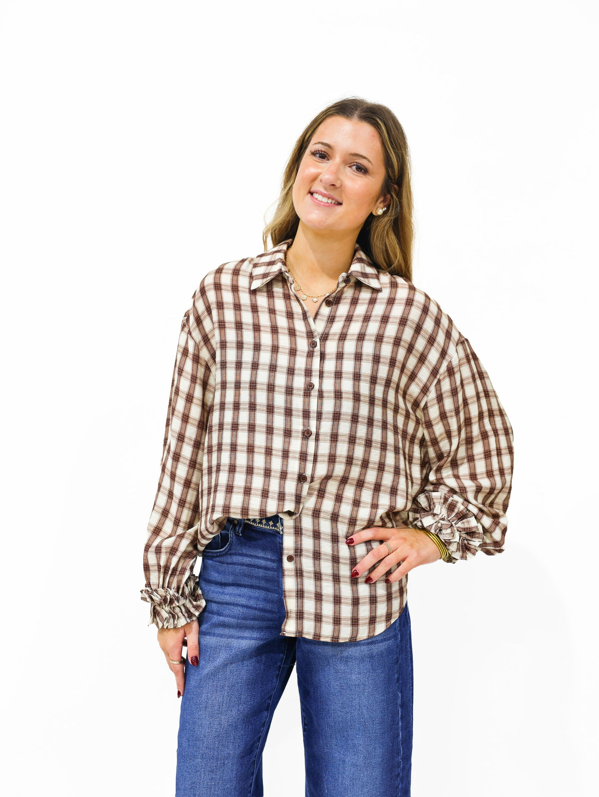 Brown Gingham Plaid Ruffle Cuff Shirt