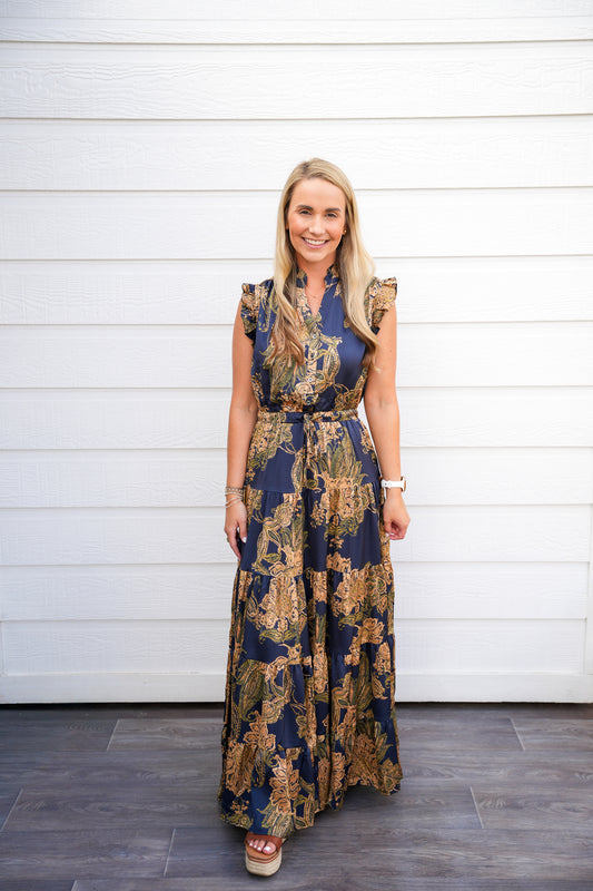 Gold Ink Floral Tiered Maxi Dress