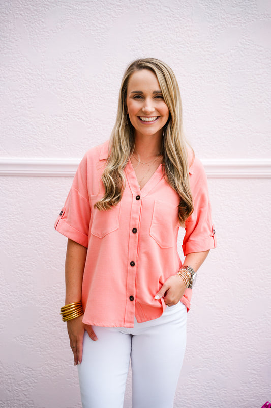 Button Down Pocket Shirt - Coral