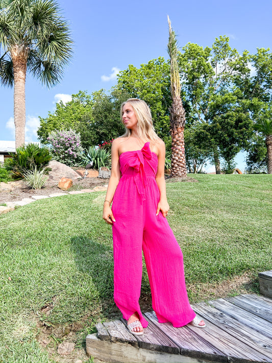 Hot Pink Strapless Jumpsuit - Southern Belle Boutique