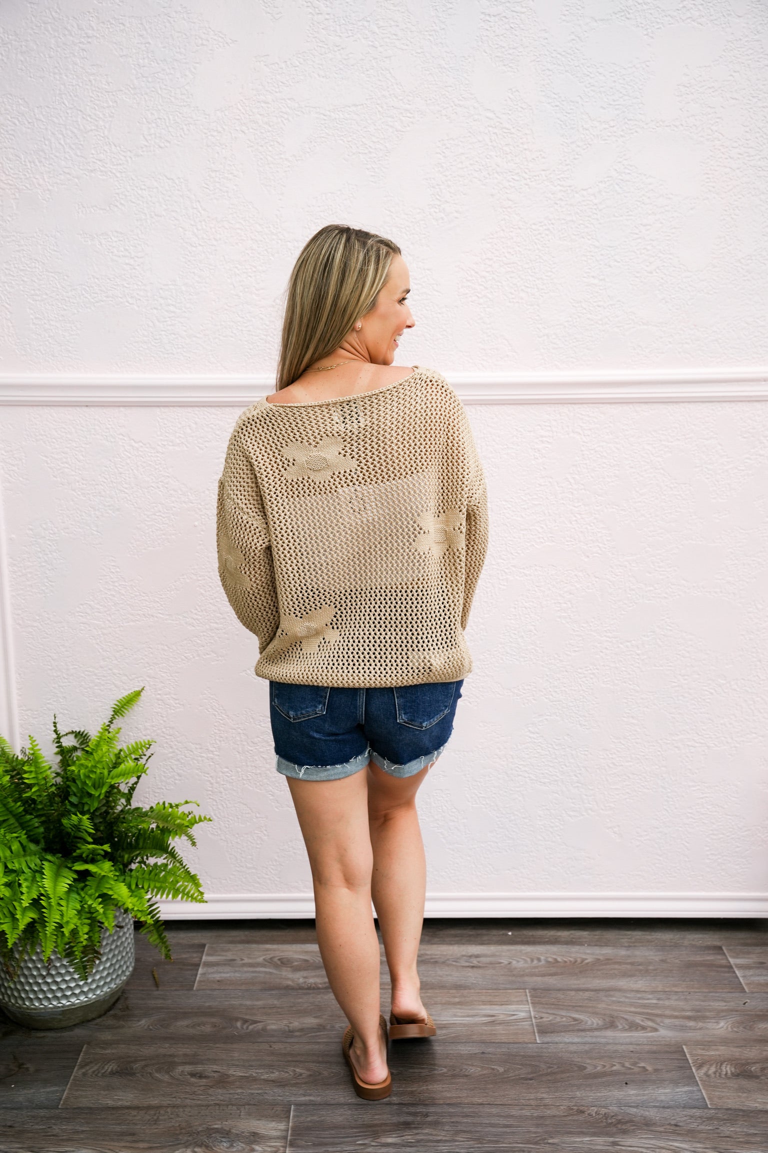 Beige Flower Crochet Stitch Sweater - Southern Belle Boutique