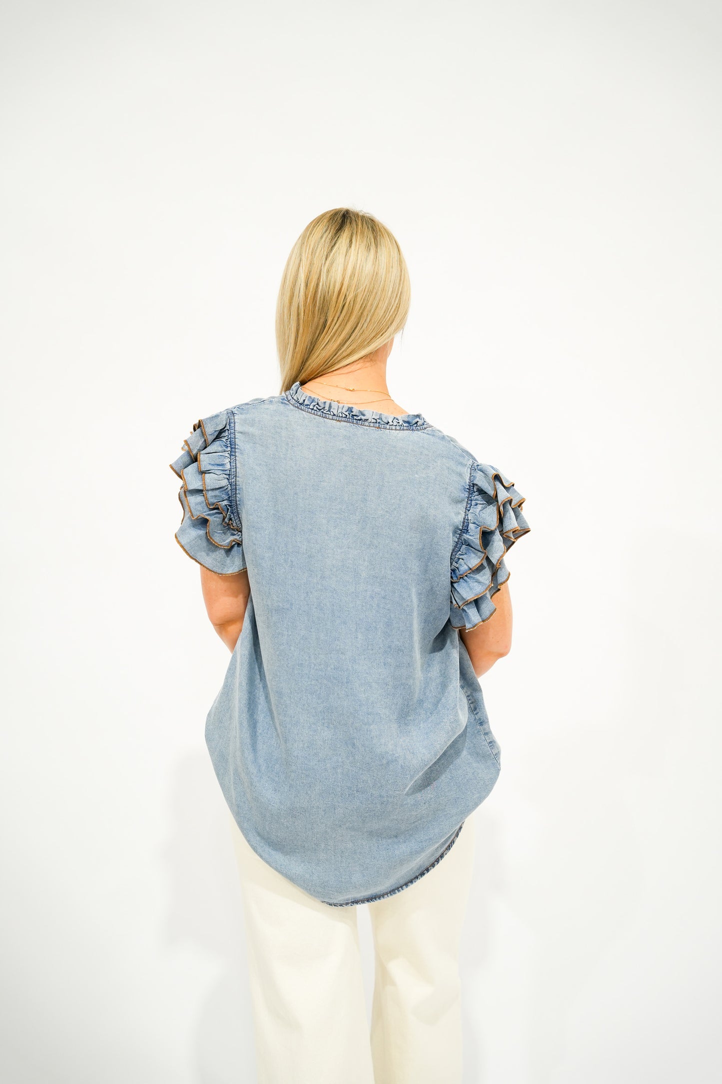 Beth Ruffle Sleeve Denim Top - Southern Belle Boutique