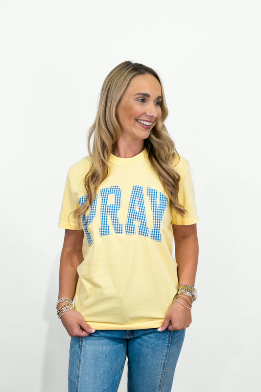 Pray Tshirt - Yellow Blue Gingham