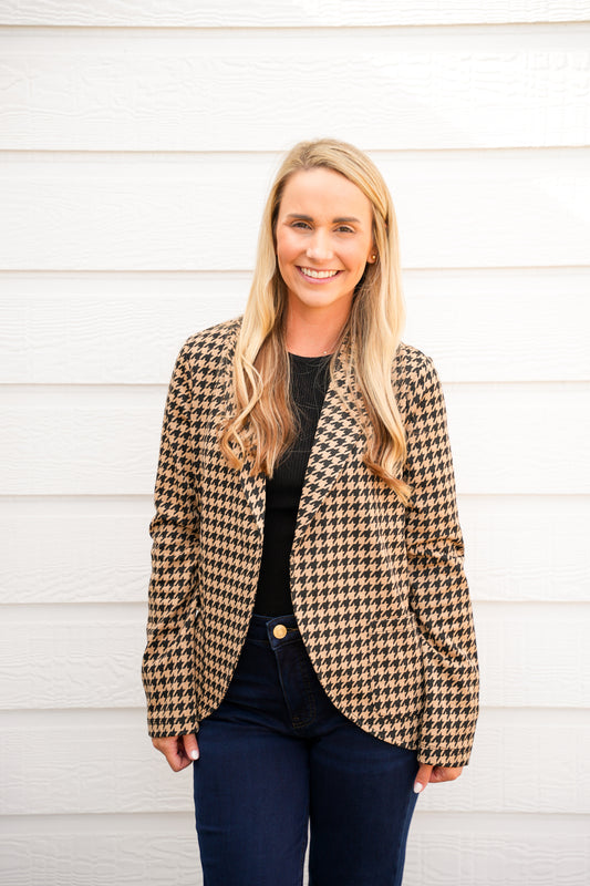 Mocha Black Houndstooth Jacquard Blazer