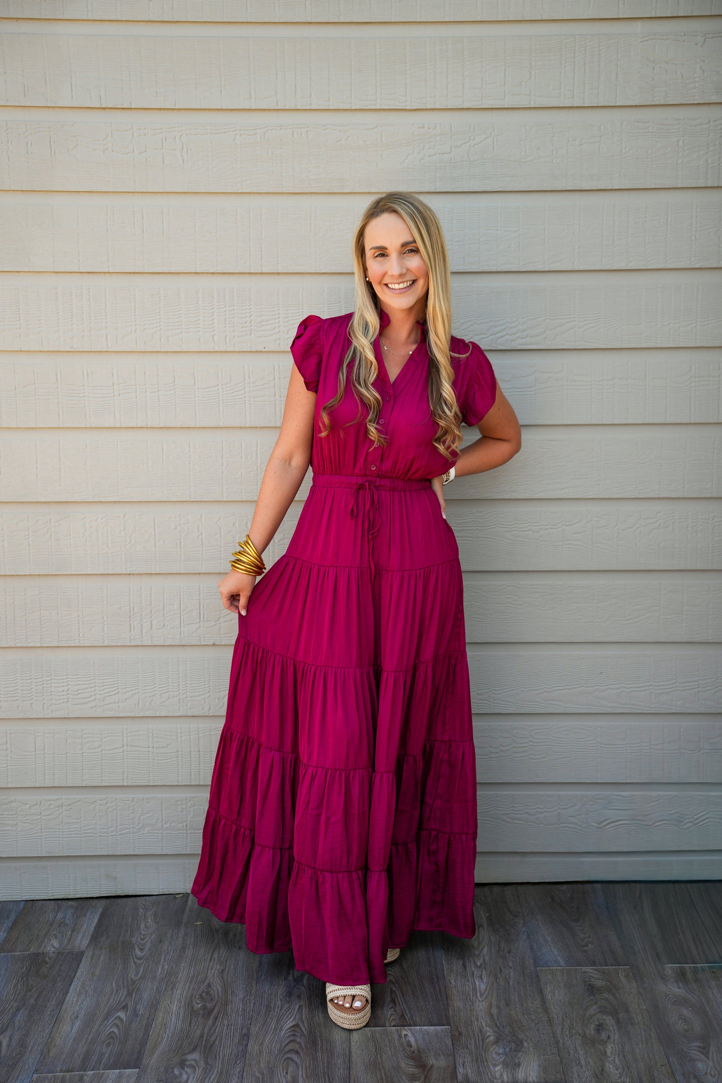 Satin Tiered Maxi Dress - Fall Red