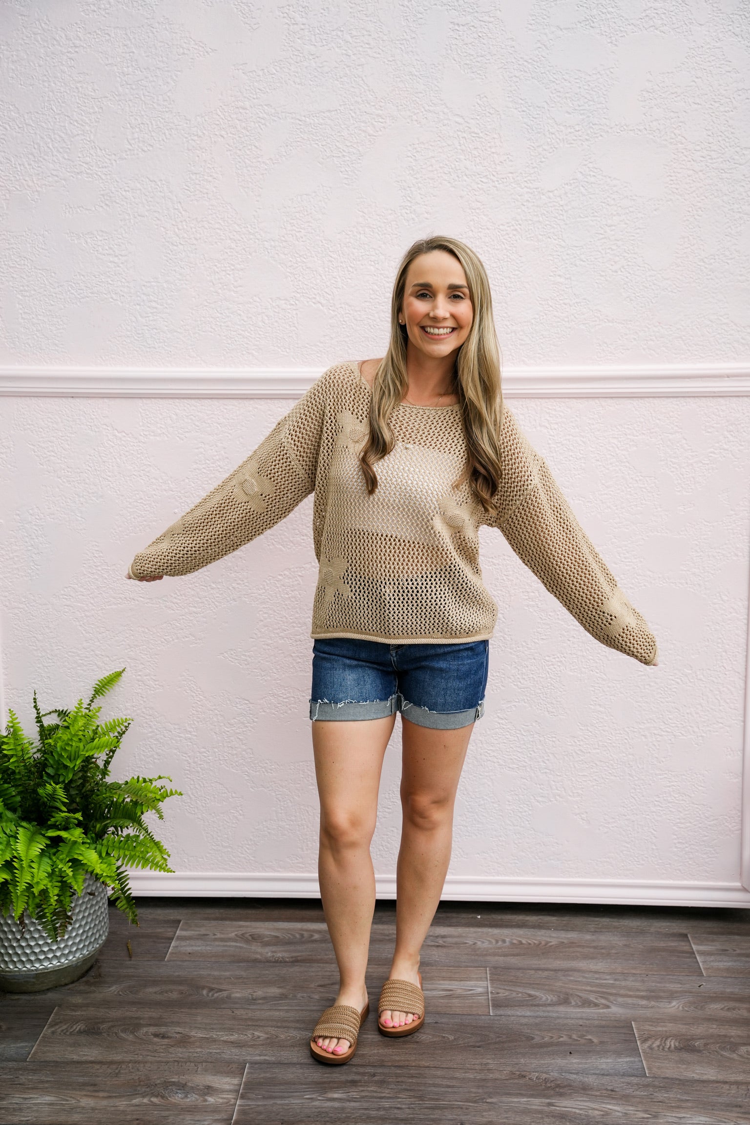 Beige Flower Crochet Stitch Sweater - Southern Belle Boutique