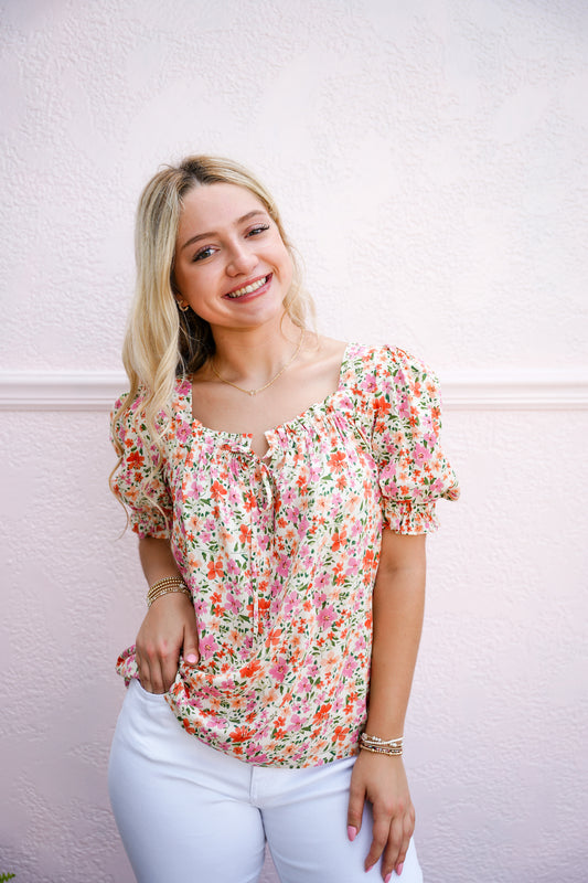 Pink Ivory Ruffled Tie Neck Blouse - Southern Belle Boutique