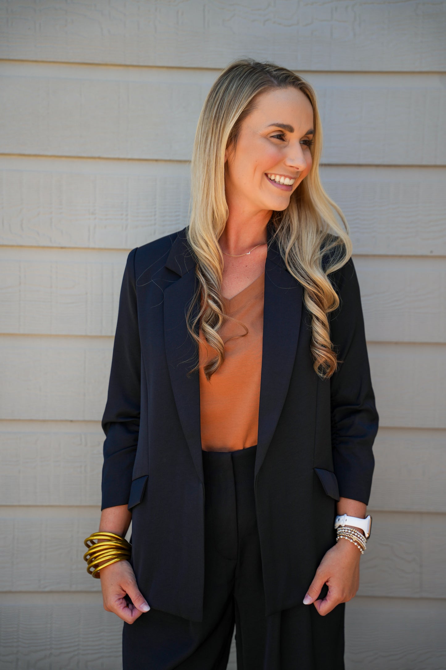 Shirred Sleeve Blazer - Black - Southern Belle Boutique