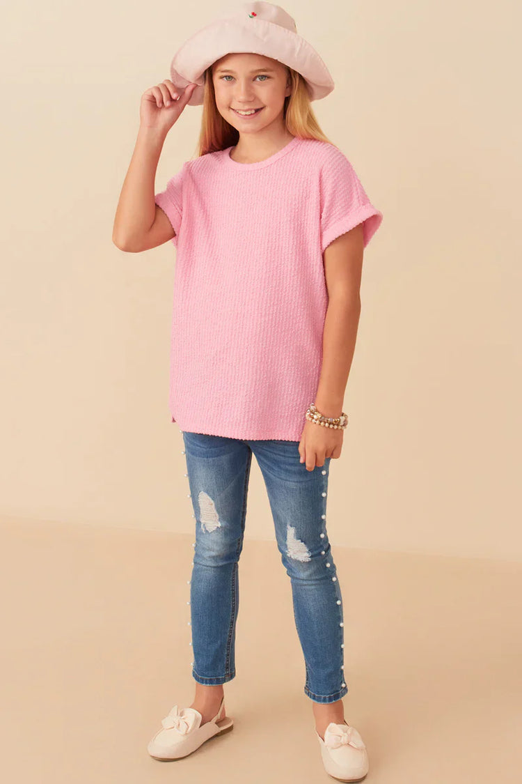 Pink Rib Knit Roll Sleeve TShirt