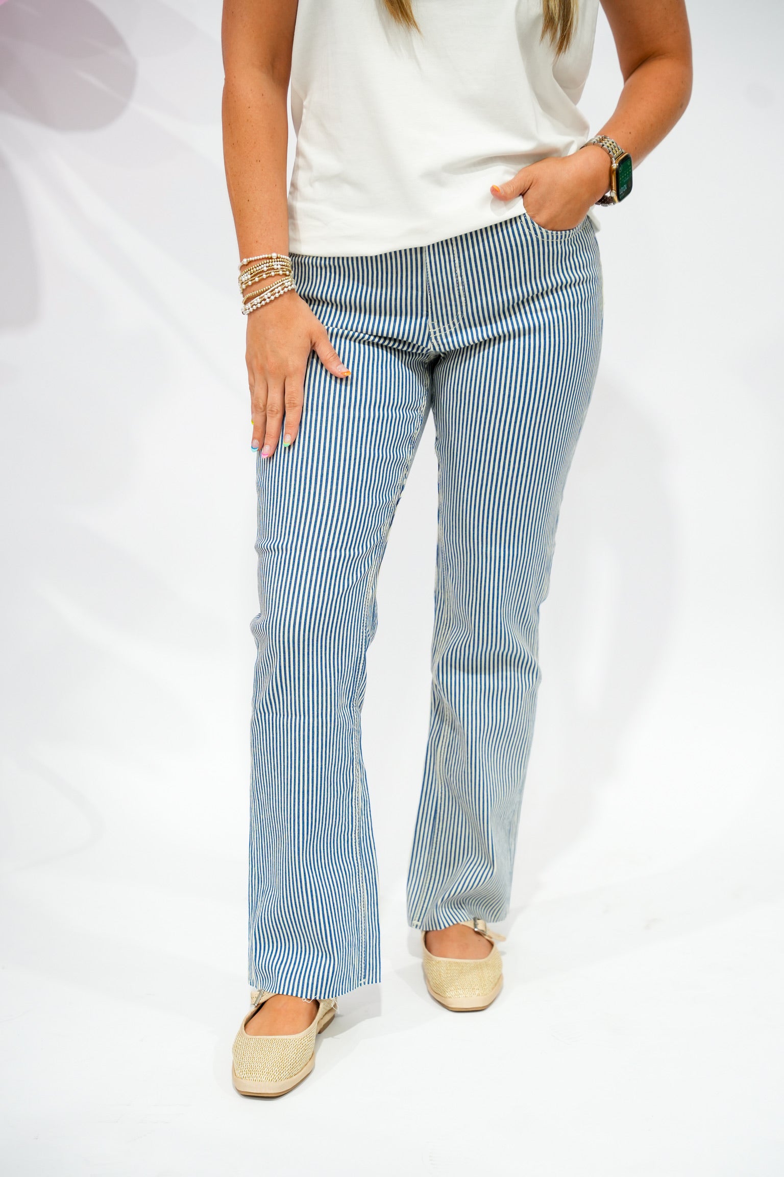 Kelsey High Rise Ankle Flare - Navy/Ivory Striped - Southern Belle Boutique