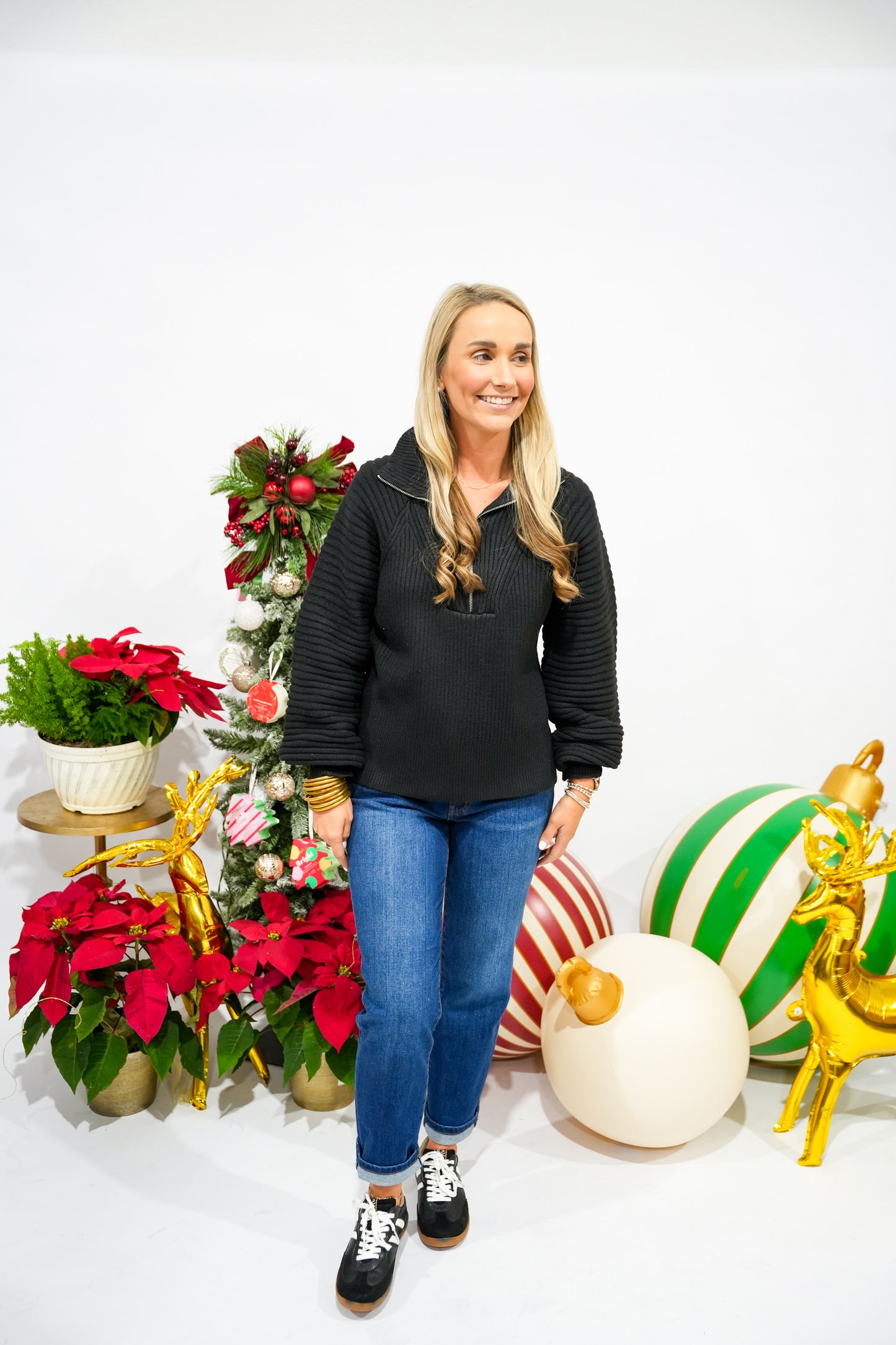 Black Half Zip Balloon Sleeve Sweater