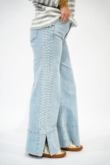 Mid Rise Flare Jean w/Split Cuff - Pearl Embellishment