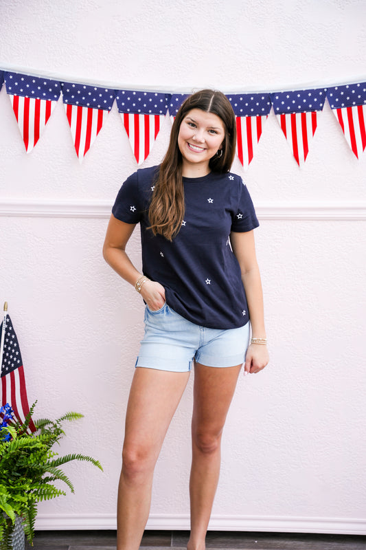 Star Embroidered Cotton Tee - Navy