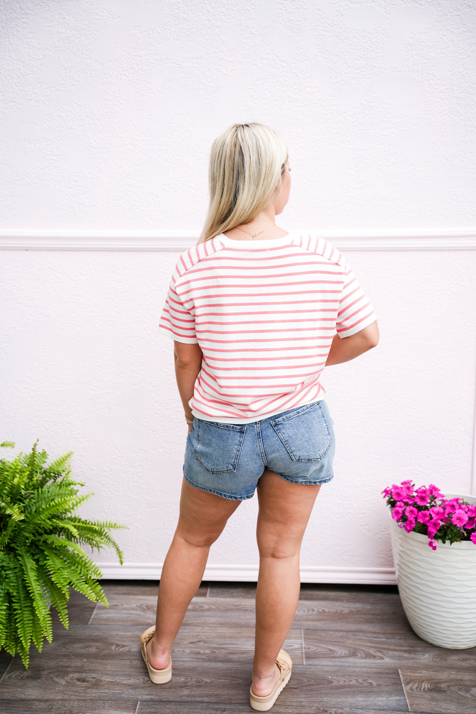 Ivory Coral Striped VNeck Sweater - Southern Belle Boutique
