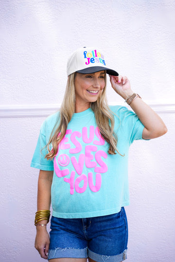 Smiley Jesus Loves You Puff Cropped Tee