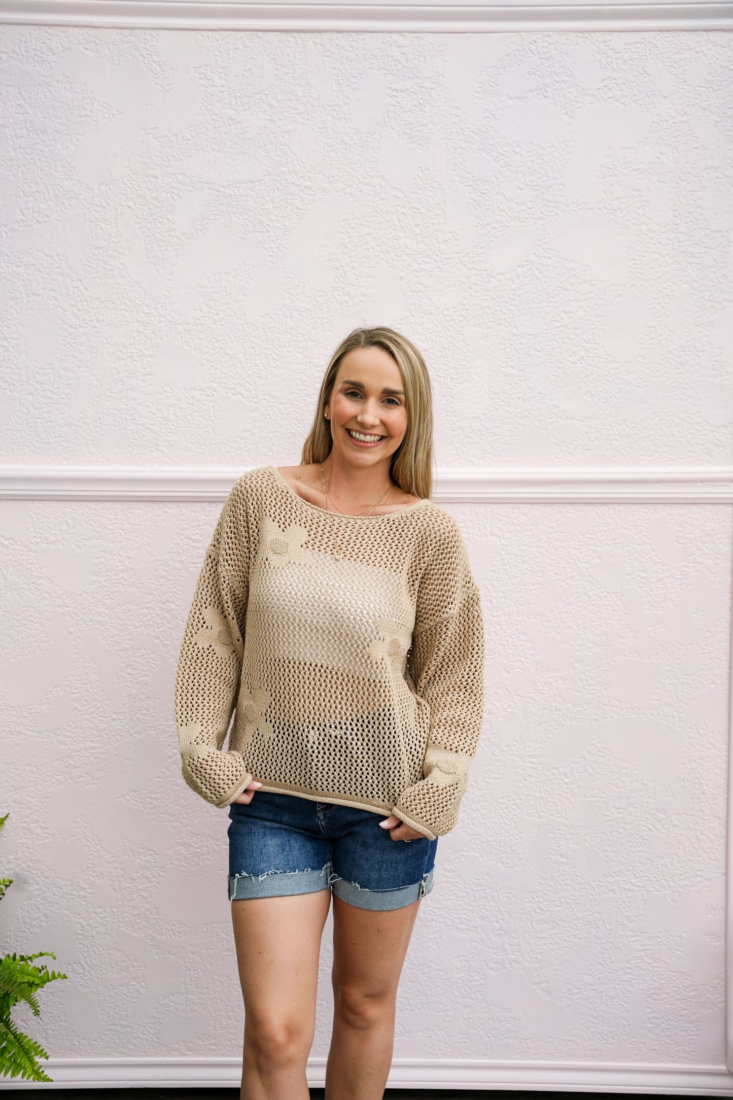 Beige Flower Crochet Stitch Sweater - Southern Belle Boutique