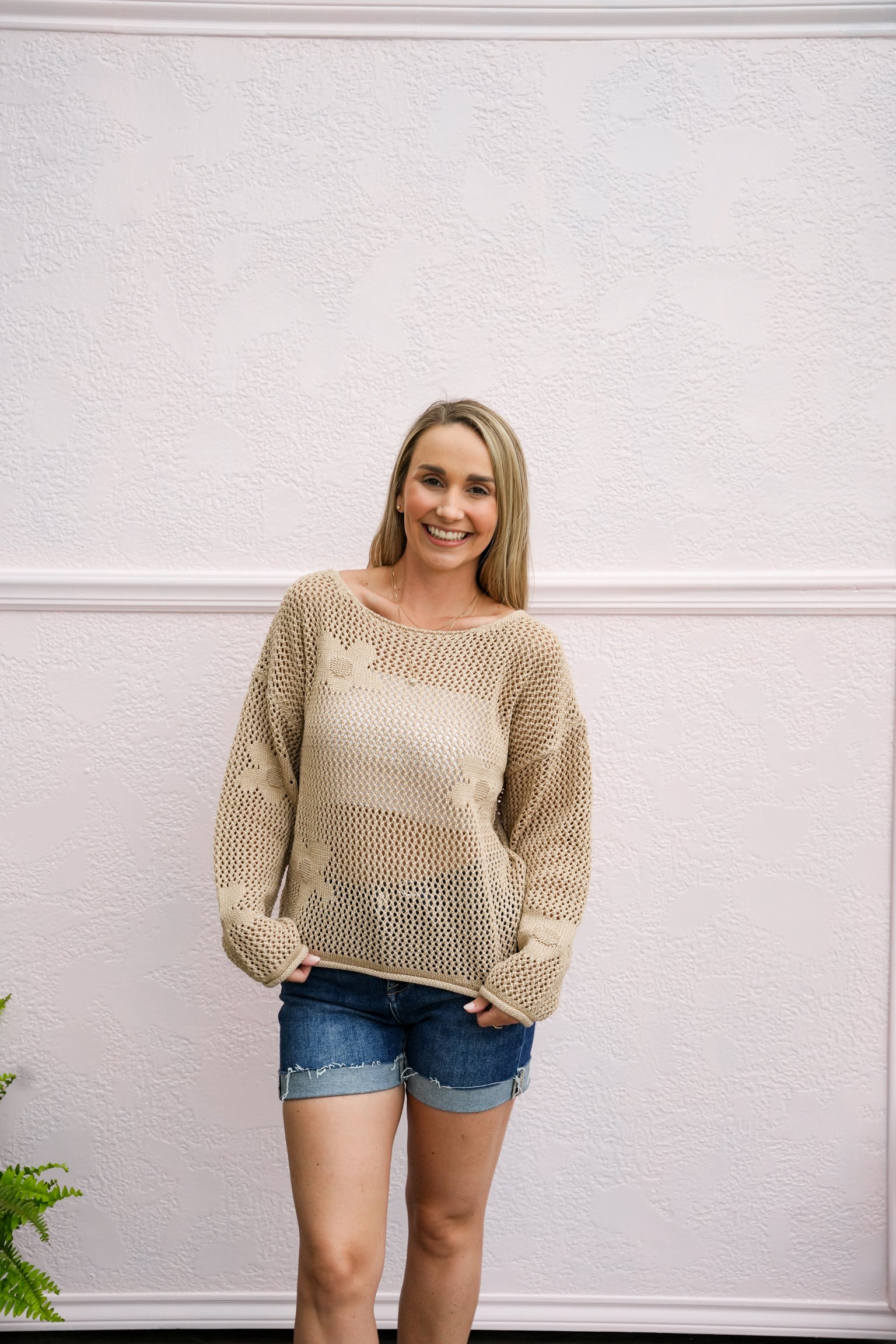 Beige Flower Crochet Stitch Sweater - Southern Belle Boutique