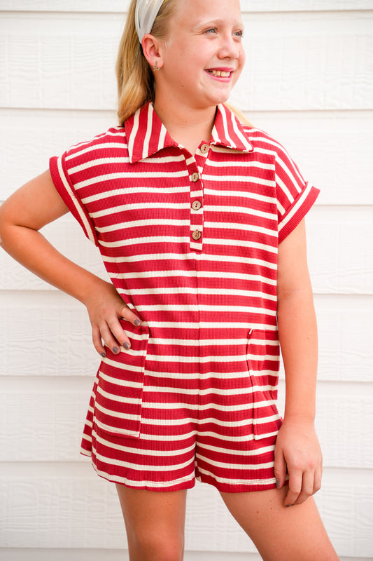 Rust Stripe Short Sleeve Collared Patch Pocket Romper