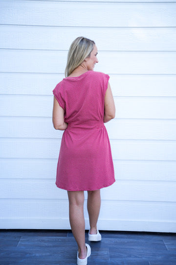 Striped Crew Neck Mini Dress - Crimson Red