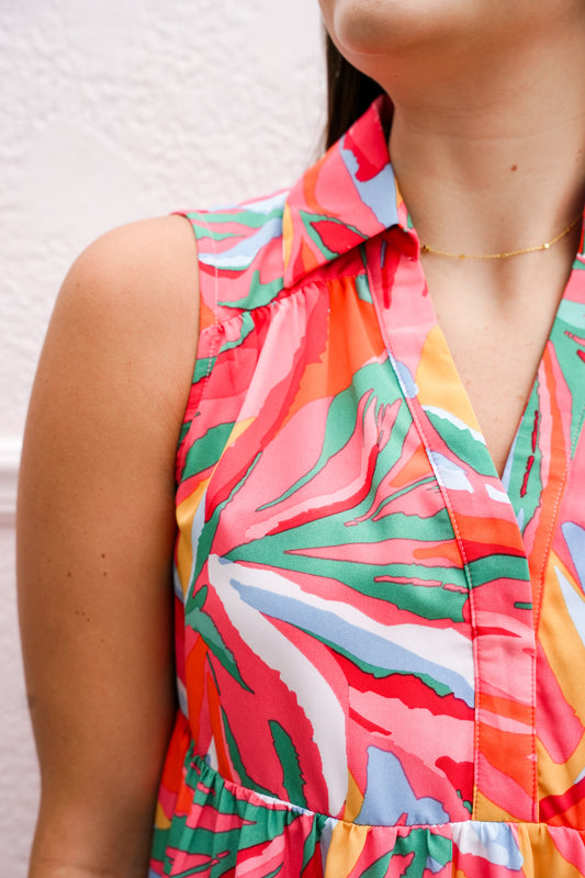 Abstract Printed Split V-Neck Sleeveless Dress - Pink