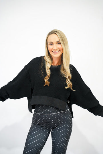 Waffle Knit Oversized Long Sleeve Top - Black - Southern Belle Boutique