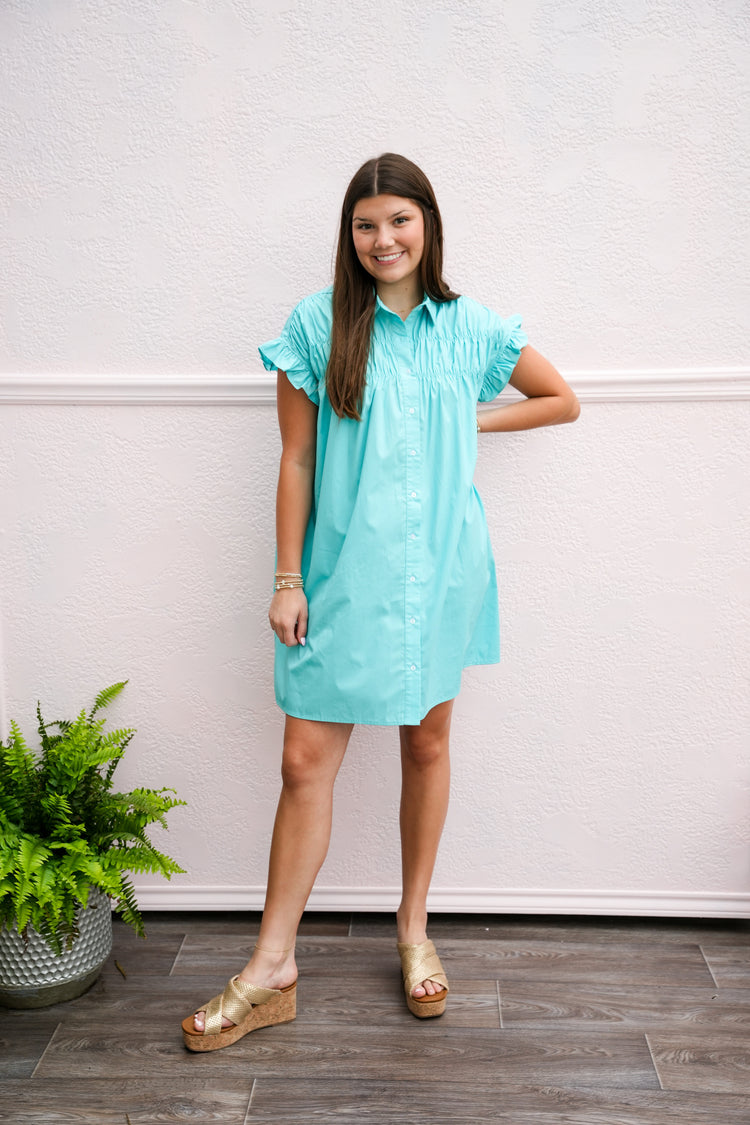 Turquoise Gathered Shirt Dress