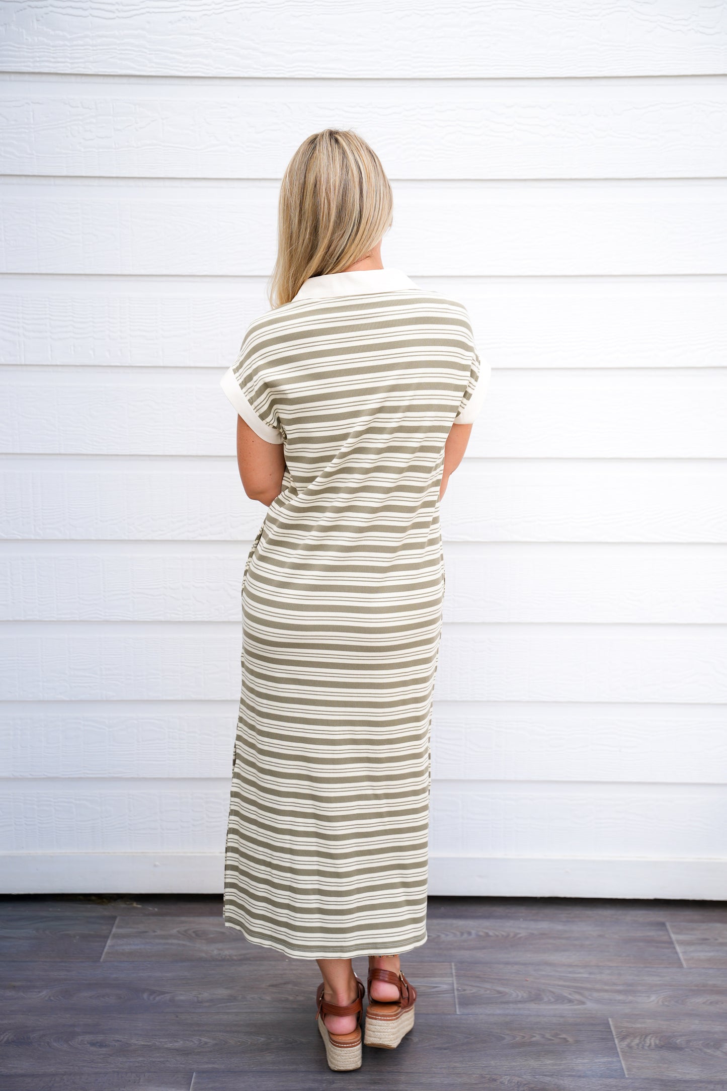 Ivory Sage Striped V-Neck Midi Dress