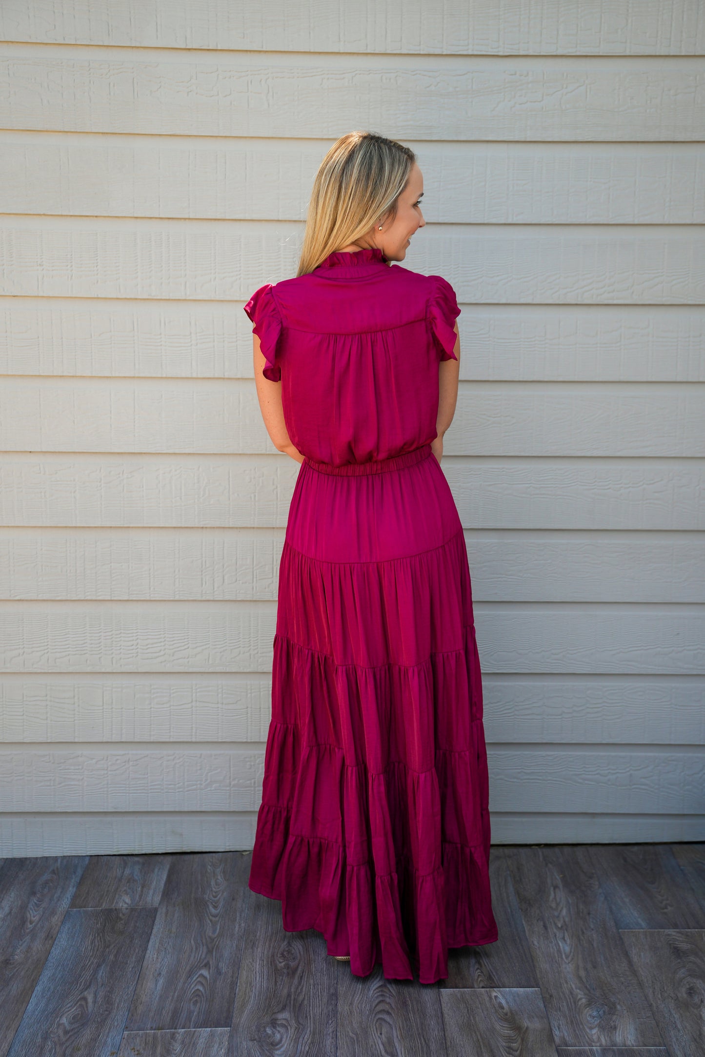Satin Tiered Maxi Dress - Fall Red