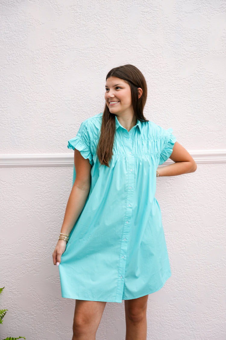 Turquoise Gathered Shirt Dress