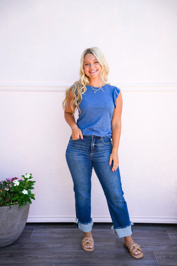 Tummy Control High Rise Crop Straight Raw Cut Hem - Dark