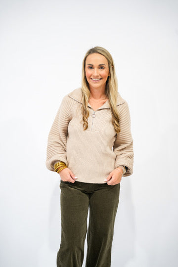 Taupe Half Zip Balloon Sleeve Sweater